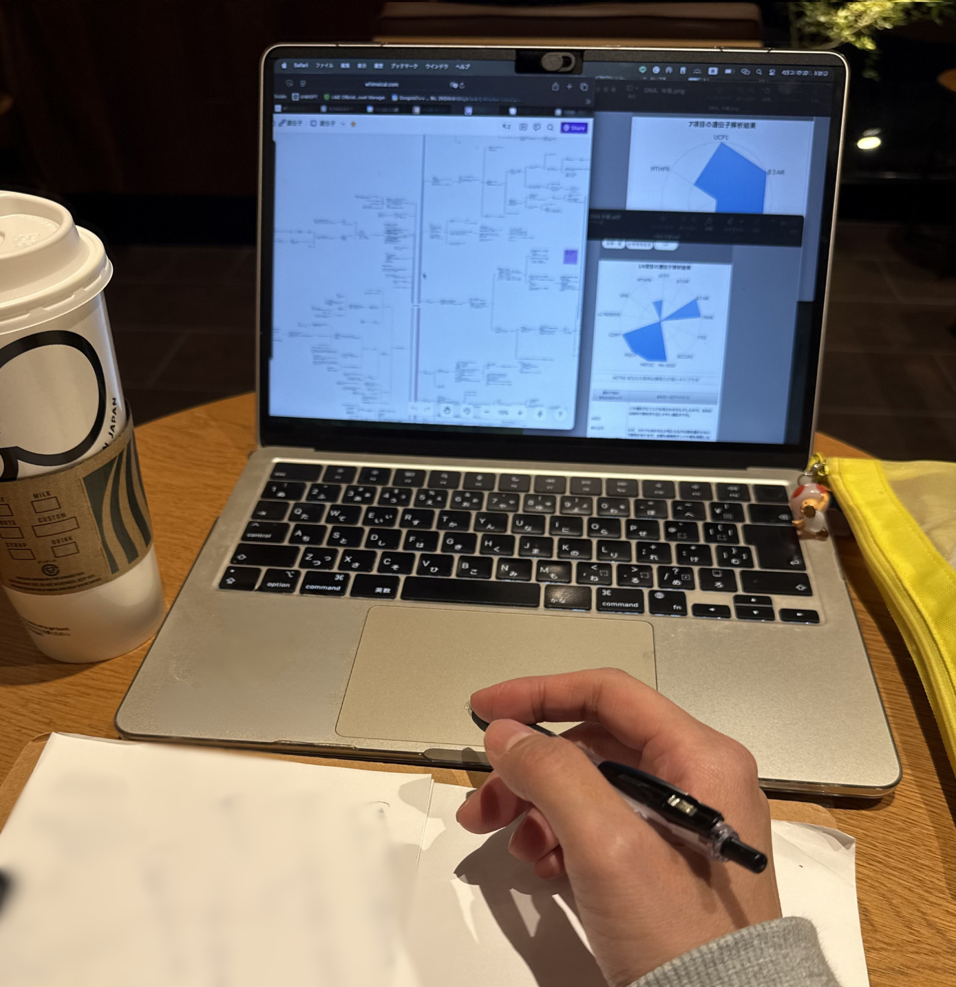 夜のカフェでお客様の遺伝子解析データを分析するエステサロンオーナーの手元