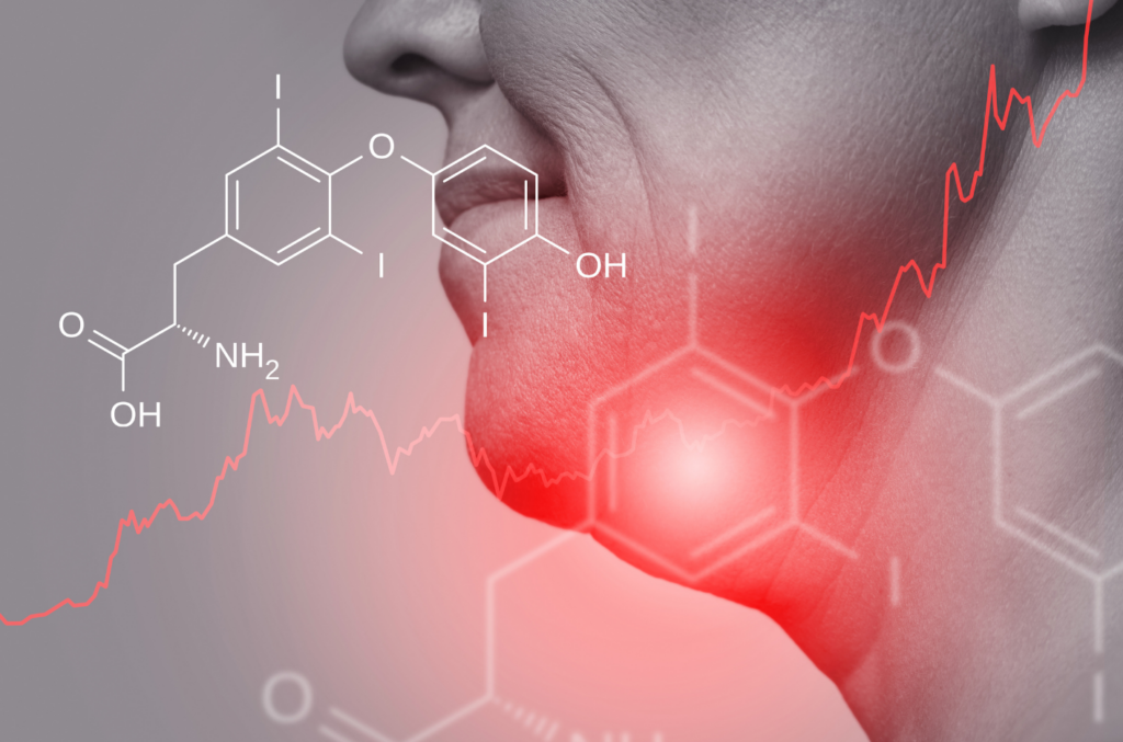フェイスラインのたるみを気にする更年期女性の横顔と、女性ホルモン(エストロゲン)の化学構造式。