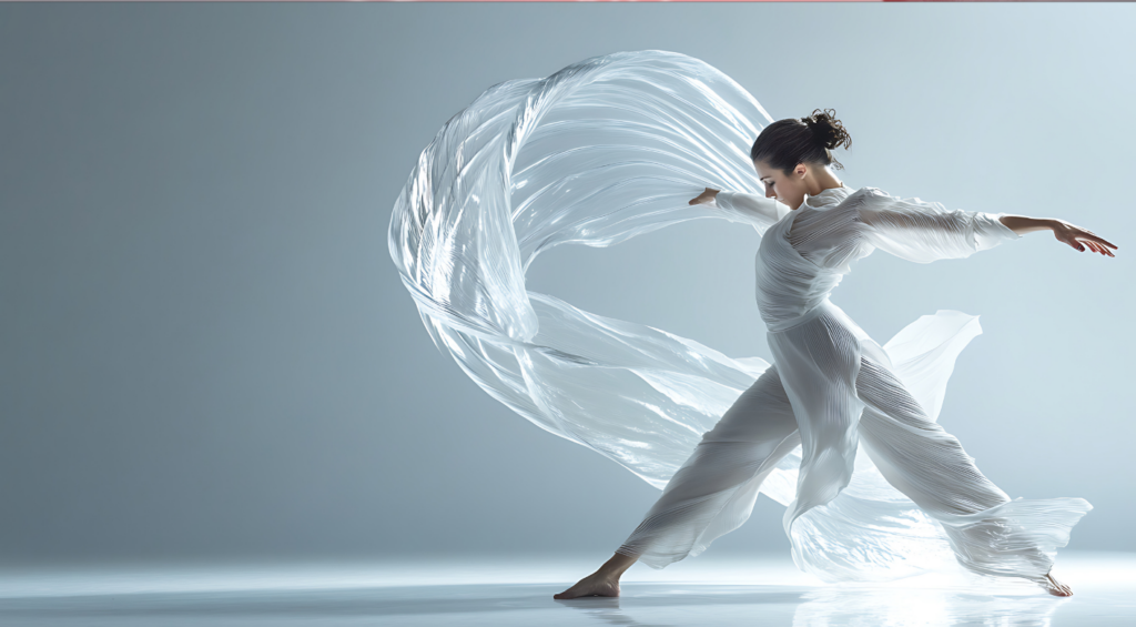 白い衣装を着て、軽やかな白い布を操りながら優雅に踊る女性