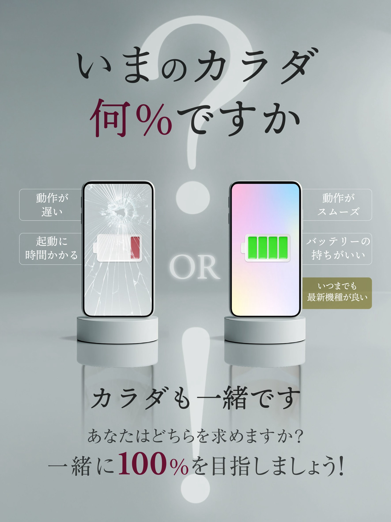 牛久エステTMR Mizueが解説。スマートフォンの画面が割れてバッテリーが少ない状態と、画面が綺麗でバッテリーが満タンの状態が比較されている画像。右側には「動作がスムーズ」「バッテリーの持ちがいい」「いつまでも最新機種が良い」の文字。左側には「動作が遅い」「起動に時間かかる」の文字。これは、体がスマホと同様にエネルギー残量や機能が重要であることを示すメタファーであり、40代以降の女性の疲労感、肌のくすみ、エネルギー不足といった悩みに焦点を当てる。